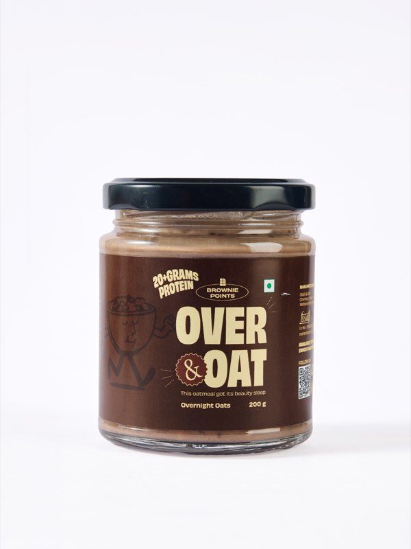 A jar of Over & Oat Brownie Points overnight oats